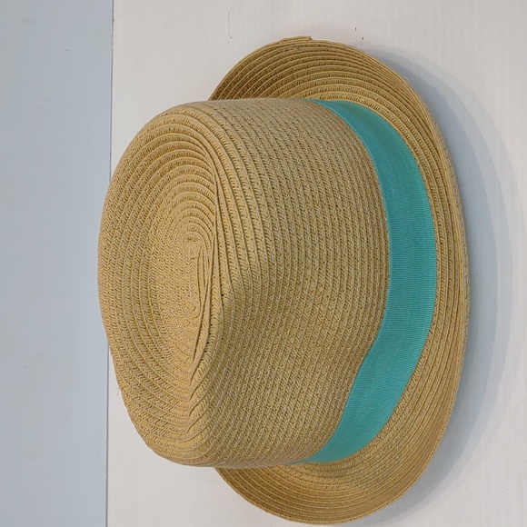 Charming Charlie Women's Tan Paper Straw Woven Fedora With Turquoise Bow Band - Picture 8 of 13